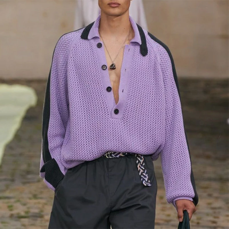 

Fashion Patchwork Solid Knitting Polo Shirts Men Fall Leisure Long Sleeve Turn-down Collar Buttoned Jumper Tops Mens Streetwear