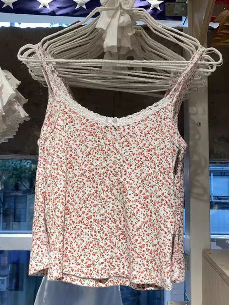 Chic Floral Print Lace Crop Top Women Casual Summer Cotton Sleeveless Sweet Camis Blouses Female Vintage Cute Slim Tank Tops
