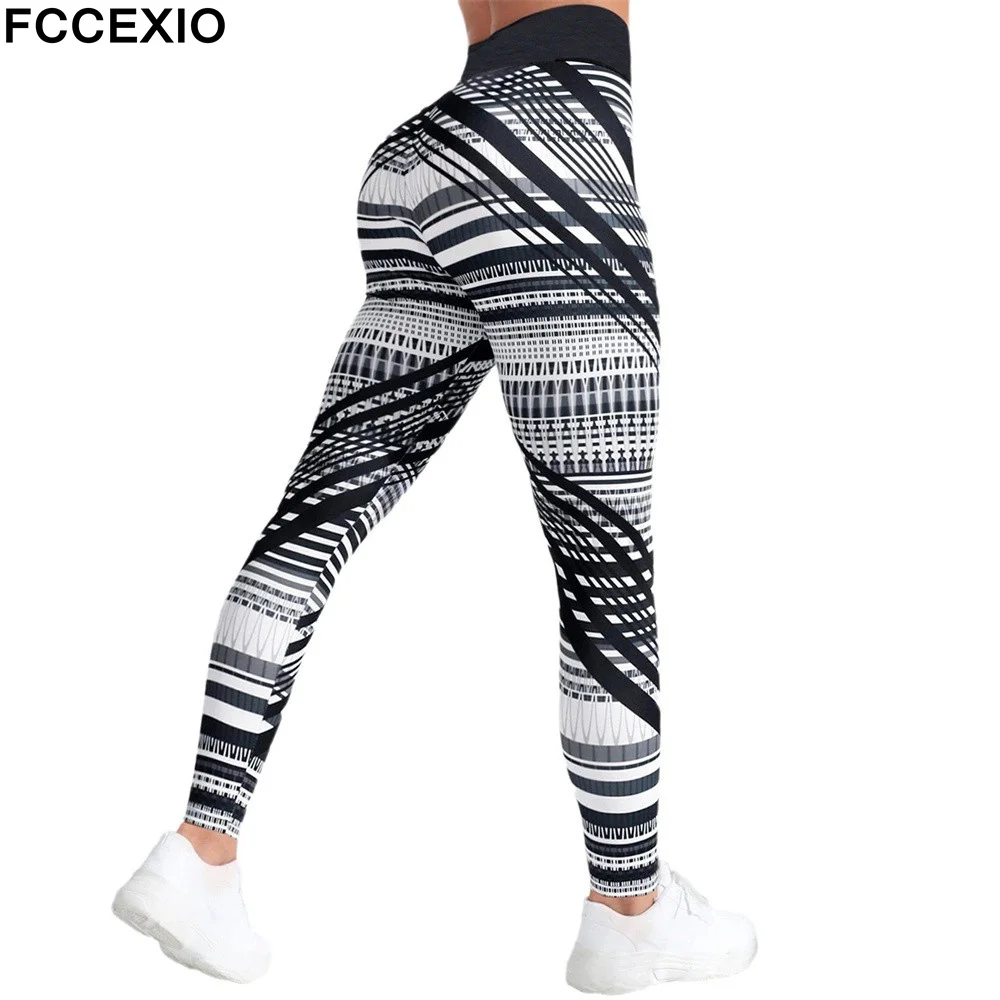 FCCEXIO женские спортивные Леггинсы с принтом в черную полоску высокой талией для