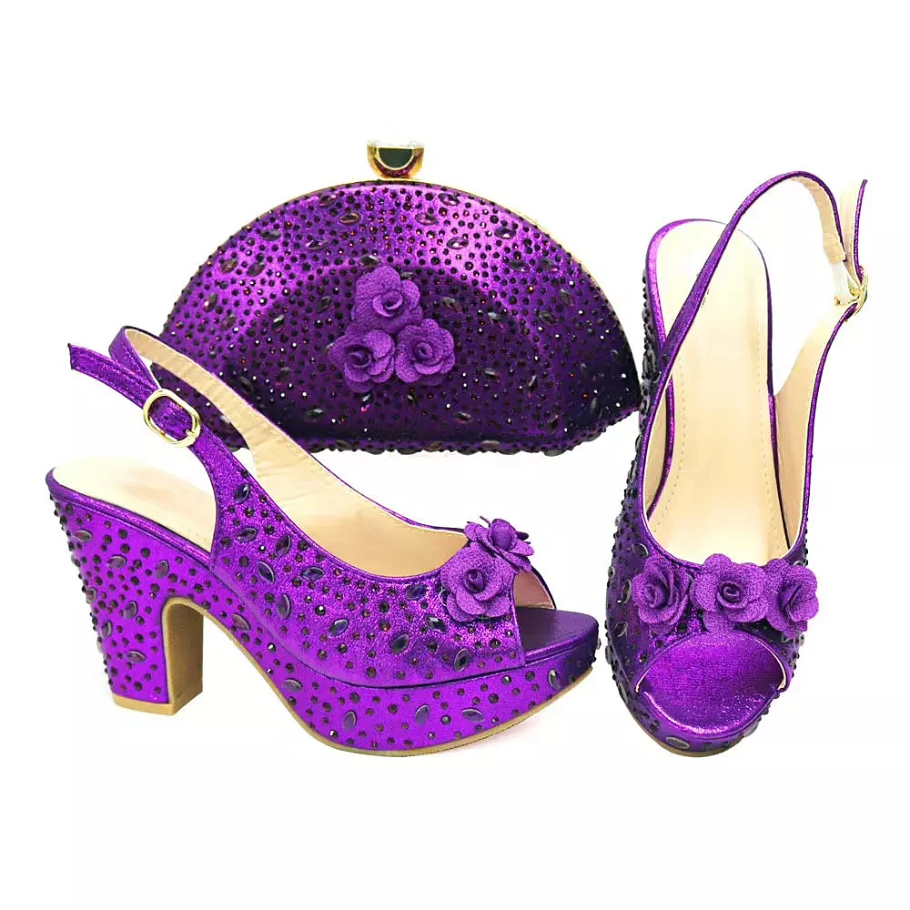 Purple Wedding Shoe and Bag Matching Set Party Dress Shoes Peep Toe Sexy High Heels Sandals and Clutch Purse Chunky Pumps