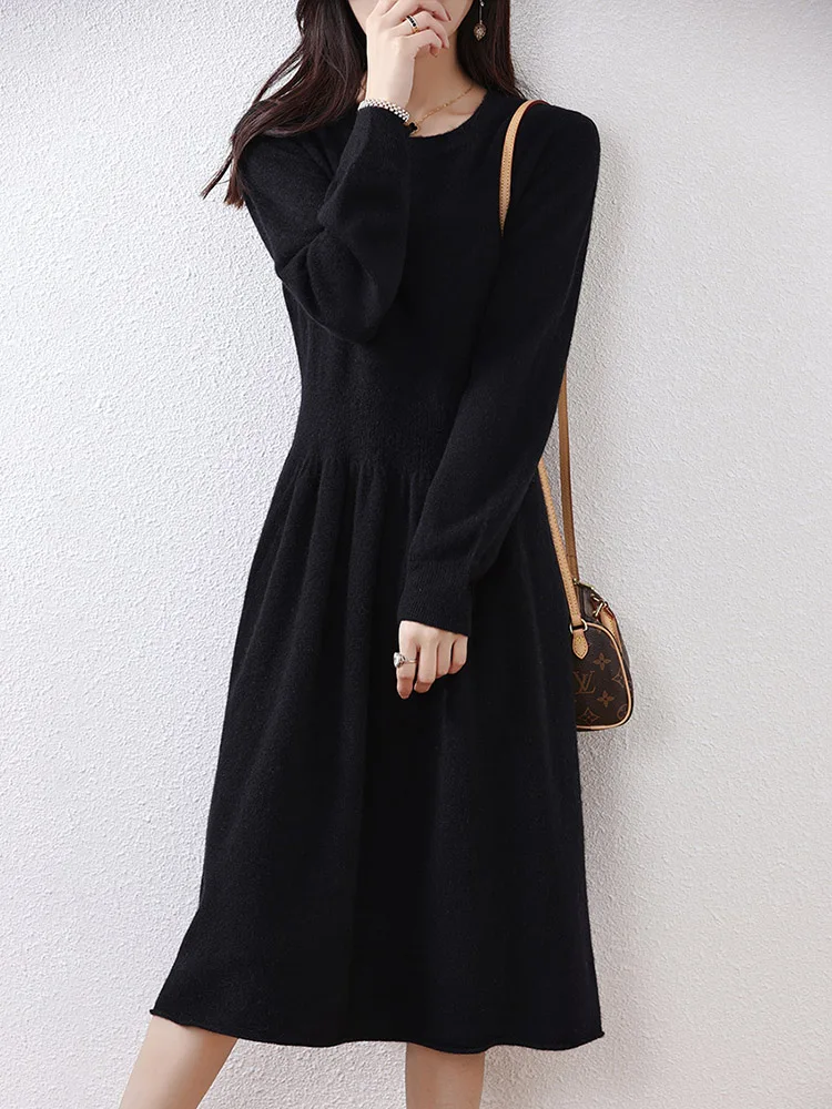 Платье с круглым вырезом 00 из чистой шерсти женское платье-свитер средней длины