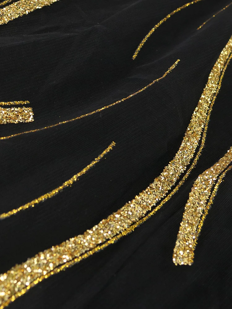 Plus Size Women Sequined Tulle Dresses Long Sleeve Golden Striped Maxi Flowy Lace Dress Spring Summer 2023 Big 3xl 4xl 5xl 6xl