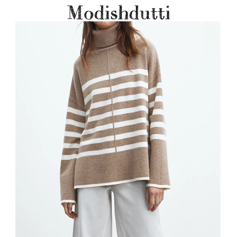 

Modishdutti 2022 Winter Women Fashion Knitted Striped Sweaters Female Simple Turtleneck Casual Warm Tops Ladies