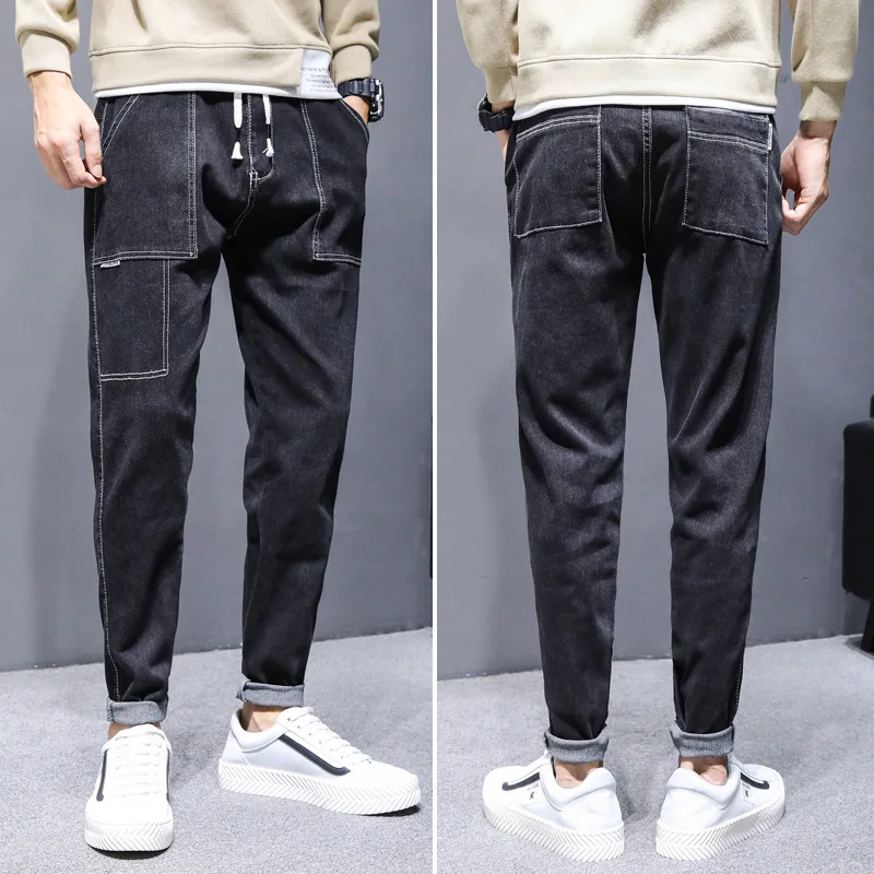 

High Street Big Pocket Men's Harem Pants Brief Japan Style Black Elastic Waist Drawstring Jeans Casual Loose Denim Trousers