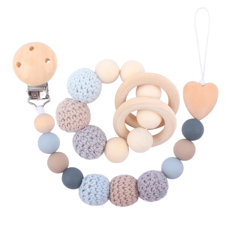 

Baby Pacifier Clip Wooden Teether Bracelet Set Silicone Beads Babies Soother Teething Toys Anti-lost Chain Newborn Nursing Gift