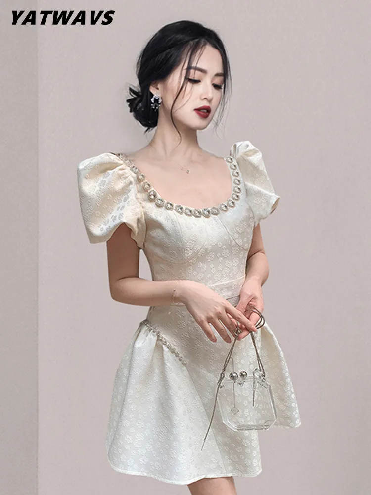 

Runway Luxury Diamonds Decor Mini Dresses New Arrival Summer Women Square Collar Puff Sleeve Fashion Office Jacquard Dress