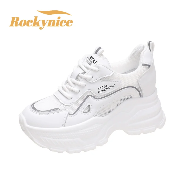 Women Autumn Vulcanized White Shoes High Platform 6.5CM Wedge Heels Sneakers Lace Up Casual Breathable Mesh Chunky Shoes Woman