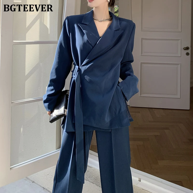 

BGTEEVER Stylish 2 Pieces Trouser Set for Women Long Sleeve Belted Suit Jackets & High Waist Wide Leg Pants Ladies Pant Suits