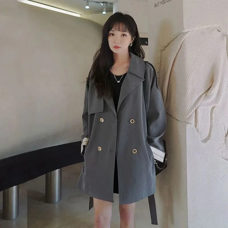 

Spring Autumn Korean Women Short Trench Coat Gray Black With Belt Female Suit Collar Double-breasted Casual Windbreaker Outwear