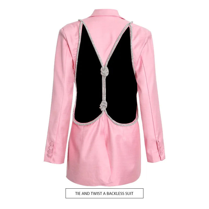 2022 Spring Fall Hollow Out Women's Coat Female Lapel Collar Long Sleeve Slim Sexy Backless Diamond Blazer Tops Fashion Jacket