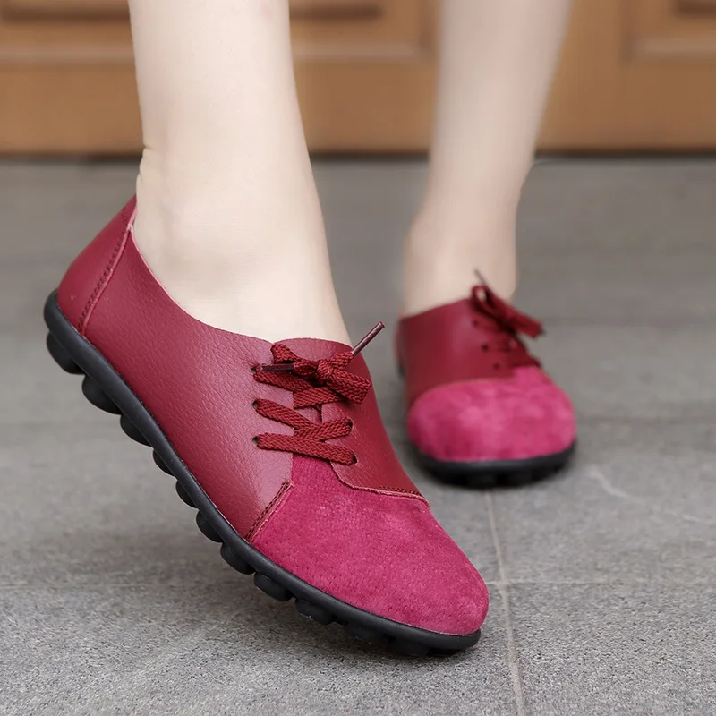 

2022 Women's Genuine Leather Flats Ladies Solid Soft Casual Shoes Comfortable Shallow Lace-Up Loafers Large Sized Flats 35-44