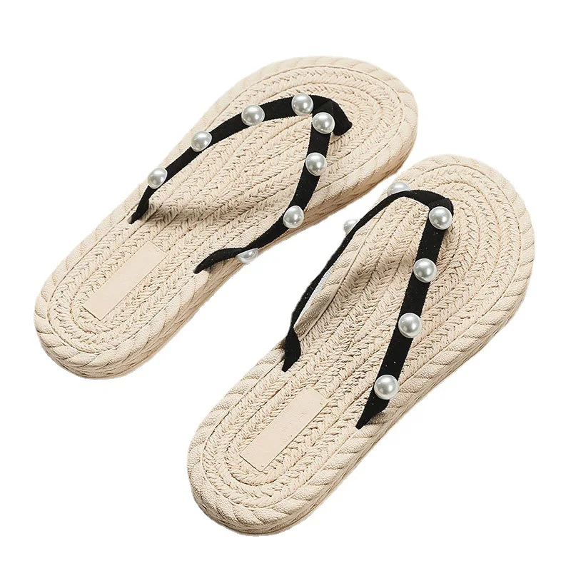 Women's Sandals with Straw Like Linen Soles and Pearl Flat Heels Slippers for Women |