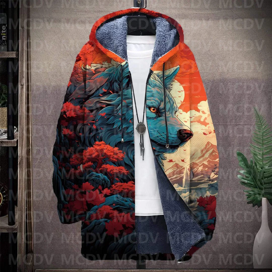 Мужская Флисовая Куртка с капюшоном и принтом волка длинным рукавом