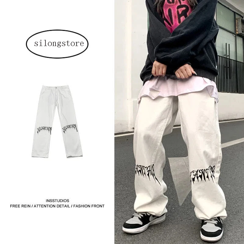 High Steet Women's White Print Jeans Y2K Korea Men's Harajuku Casual Streetwear Clothes Baggy Jeans Trousers Male Wide Pants