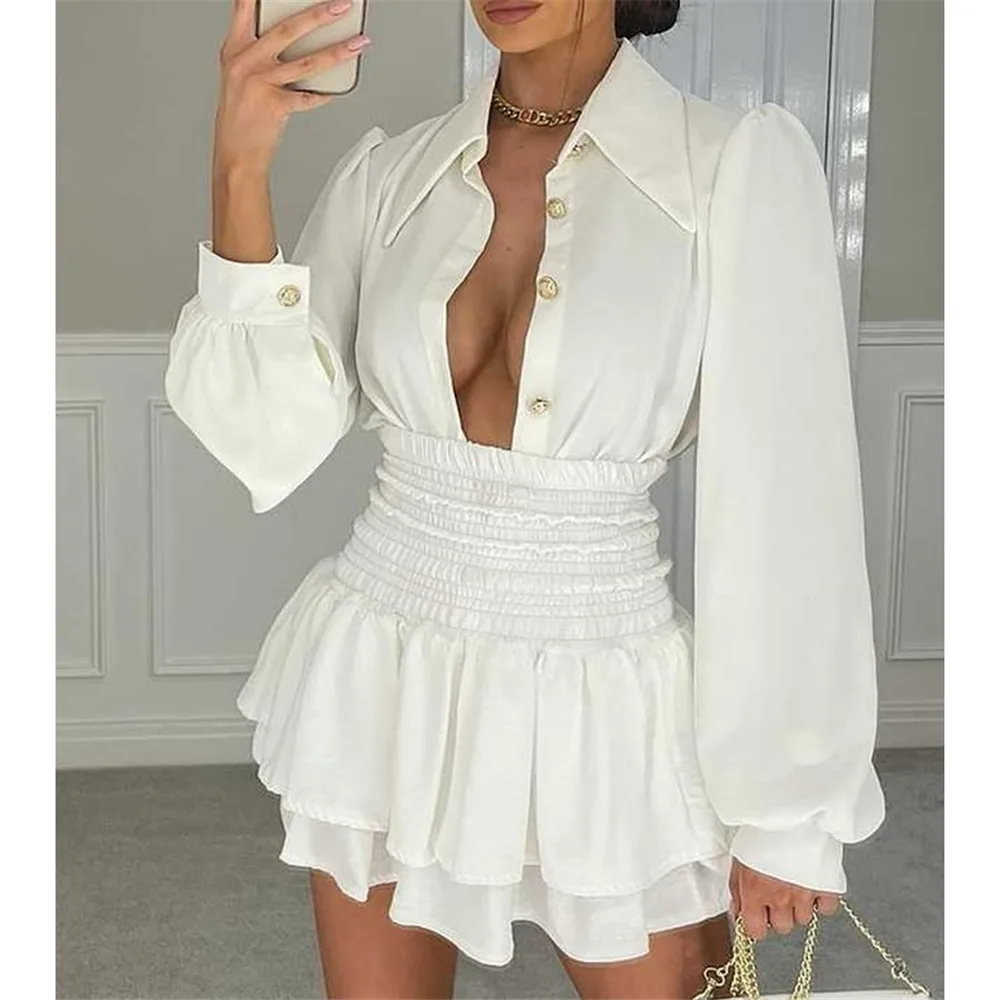 

Women's Dress White Long-sleeved Slim Fit Lapel Top With Waist And Lotus Leaf Skirt New Fashion 2022 Party Dresses Spring