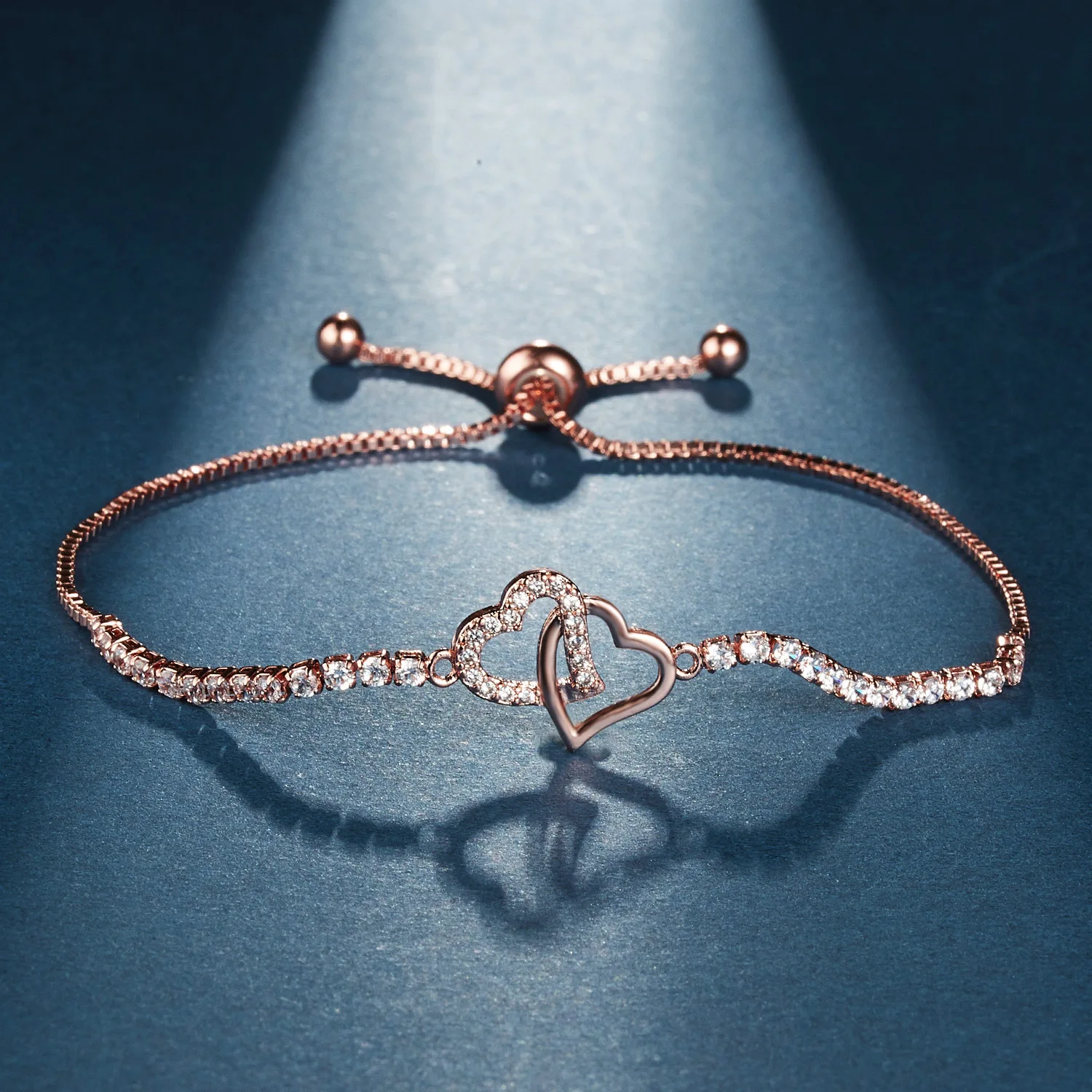 

Double Heart Rose Gold Adjustable Zircon Women's Bracelet Creative Sweet Fashion Spring and Summer Women's Jewelry Lover Gift