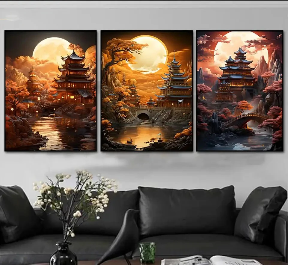 

Триптих из кристаллов, искусство бриллиантов, японский водопад, храм, пейзаж, полноразмерная алмазная живопись, 3 шт., Diy Hoppy, домашний декор Y1274