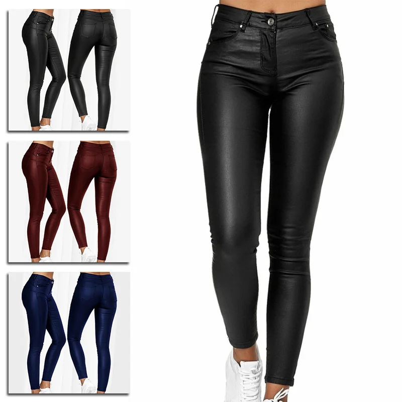 Women PU Leather Leggings Pants Solid Casual Sexy Stretch Bodycon Trousers High Waist Skinny Pencil Pants Fashion Slim Fit