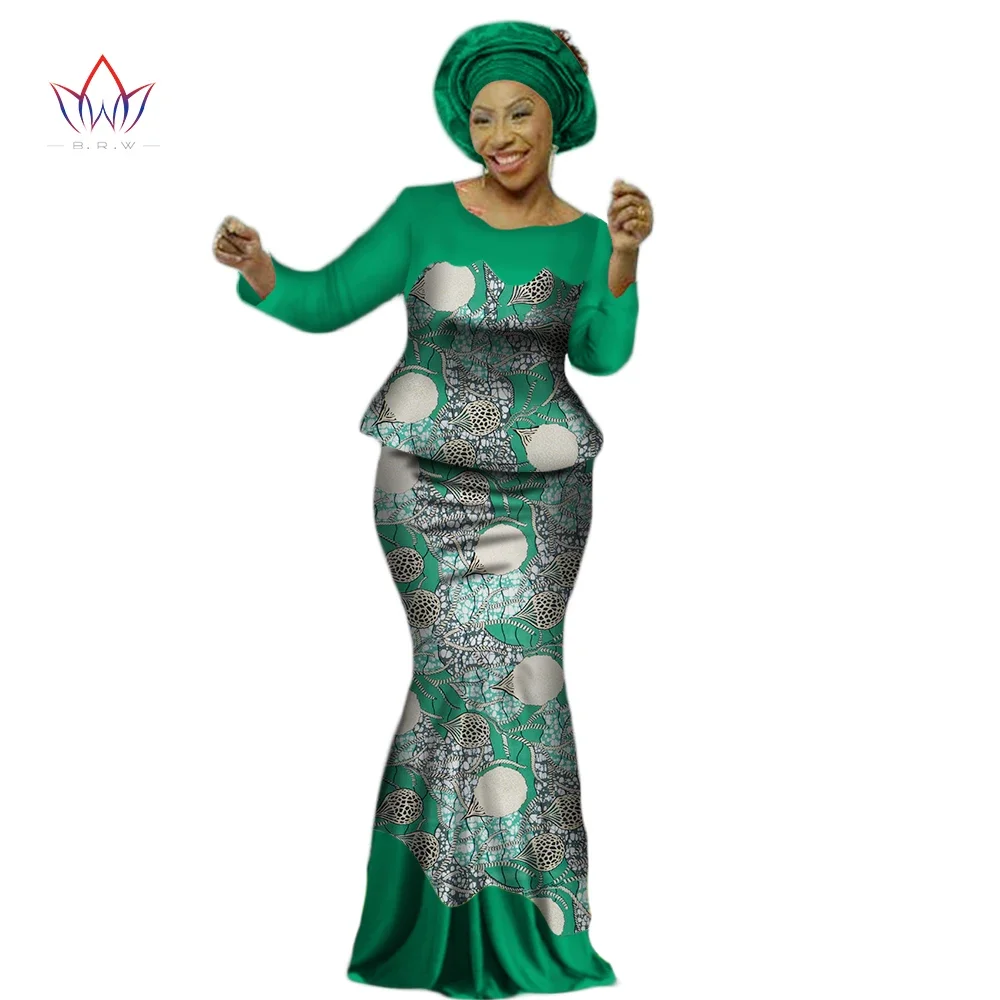 

Africa Style Bazin Riche Dresses for Women Two Pieces Set Women Long Sleeve Tops and Long African Print Skirt Plus Size WY2454