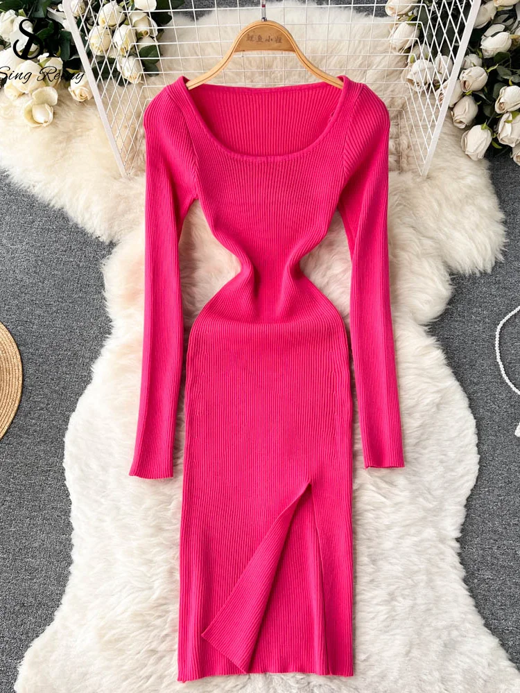 

LIRUICHENG Winter Split Bodycon Knitted Dress Fashion Long Sleeve Square Neck Sheath Sweater Dress 2022 Party Sexy Warm Dress