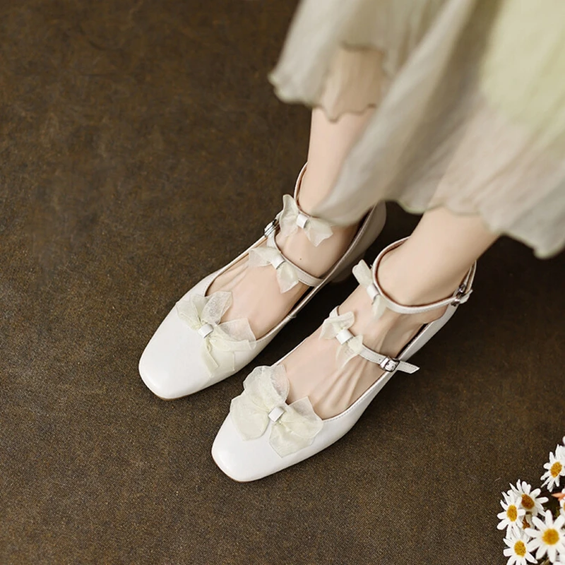 

2023 Spring Women's Pumps Split Leather Shoes for Women Round Toe Chunky Shoes Mid-Heel Mary Janes Bow-knot Shoes Zapatos mujer