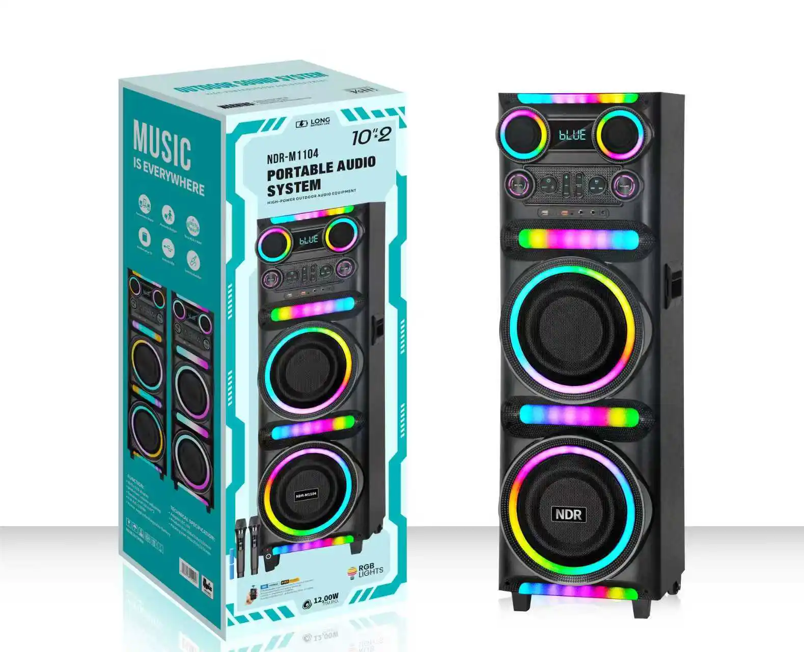 Фото Модель NDR-M1104, деревянная колонка с двумя 12-дюймовыми RGB LED динамиками, мощностью 80 Вт, для караоке и вечеринок, с беспроводным микрофоном для компьютера и мобильного телефона. №1