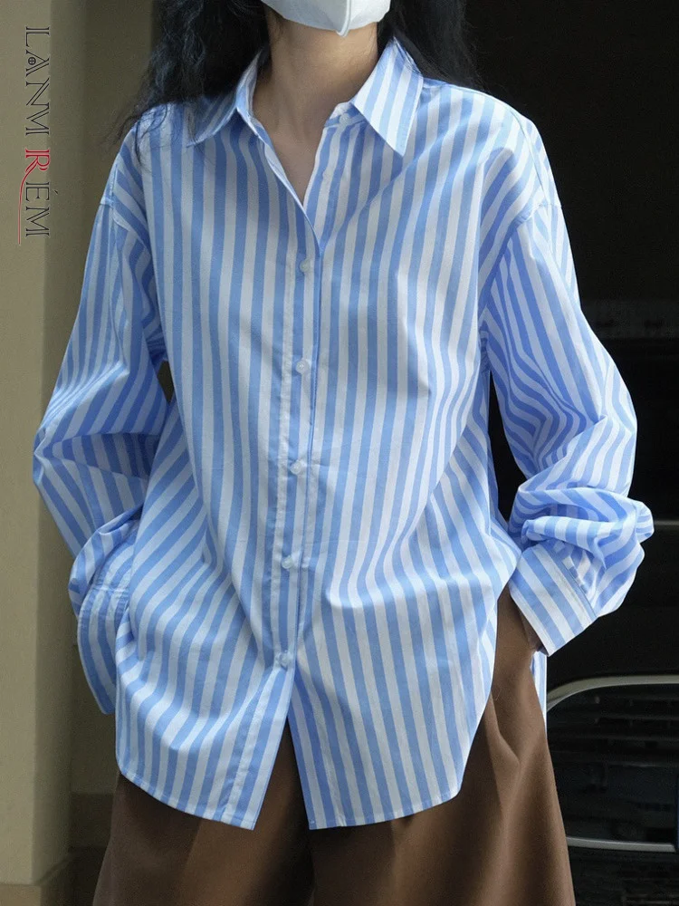 

[LANMREM] Korean Style Striped Loose Shirt Tops For Women Lapel Single Breasted Long Sleeve Fashion Blouses 2023 Autumn New 26D3