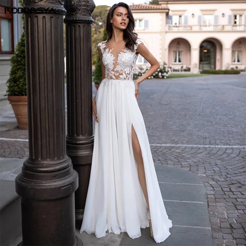 

Illusion Boho Wedding Dress High Slit Applique Cap Sleeve Chiffon Bridal Gowns Robe De Mariée Sexy Plus Size Boho Wedding Gown