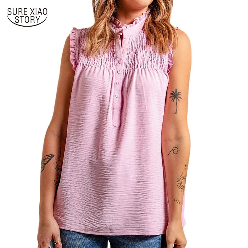 

Elegant Shirt Vintage Clothes Solid Button Splice T-shirt Summer 2022 Loose Folds Crop Top Casual V-neck Sleeveless Blouse 19320