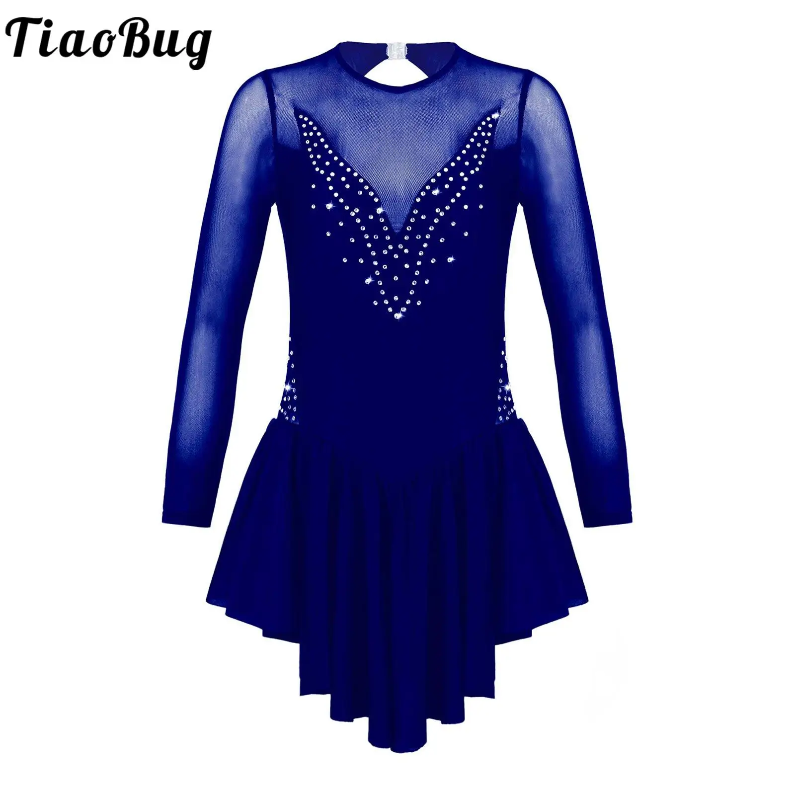 

Girls Shiny Rhinestone Ballet Dress Ballerina Dancewear Kids Gymnastic Leotard with Skirt Mesh Long Sleeve Figure Skating Dress
