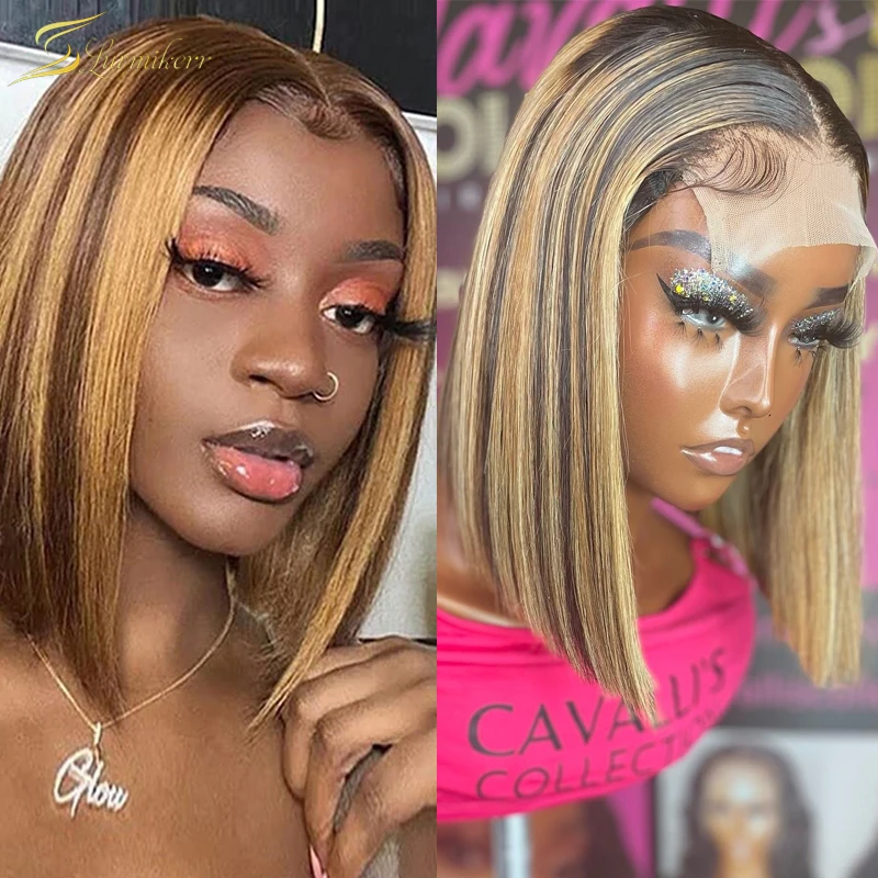 

4x4 Closure Wig Ombre Brown Blonde Color Human Hair Lace Frontal Wig For Women HD Short Straight Highlight Lace Front Wig Pixie