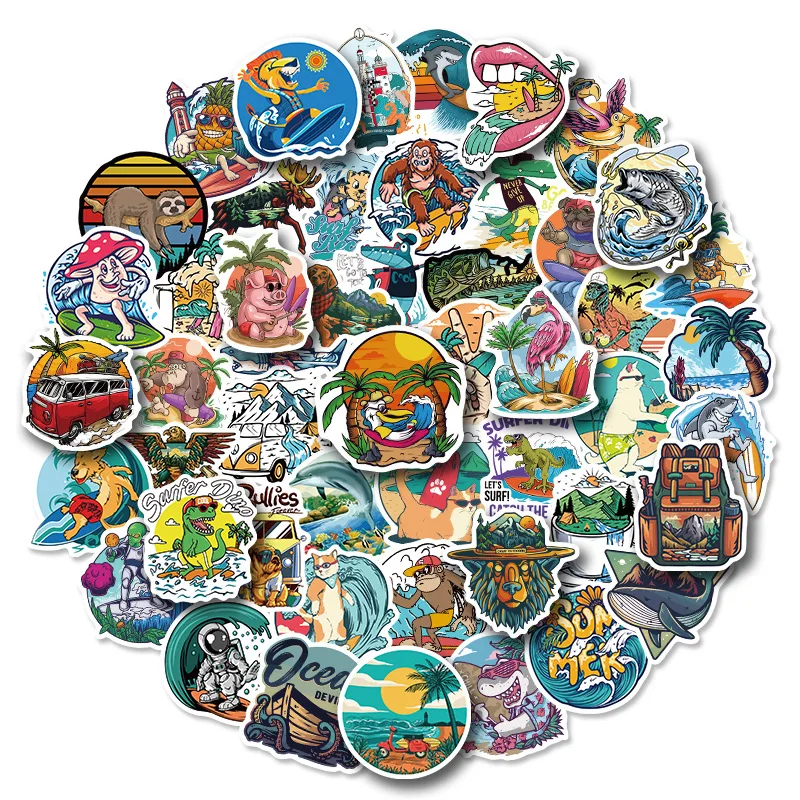 

10/30/50Pcs Cartoon Summer Beach Doodle Surfing Outdoor Sticker Waterproof Trolley Case Skateboard Laptop Suitcase Kids Toys