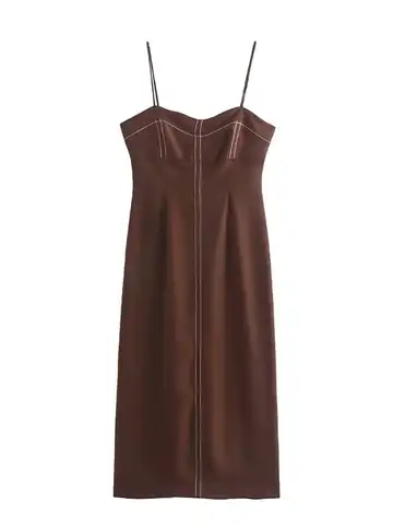 BBWM Pencil Slip Dress Women Topstitch Brown Summer 2022 Ladies Slit Sleeveless Midi Dress Elegant Party Clothes