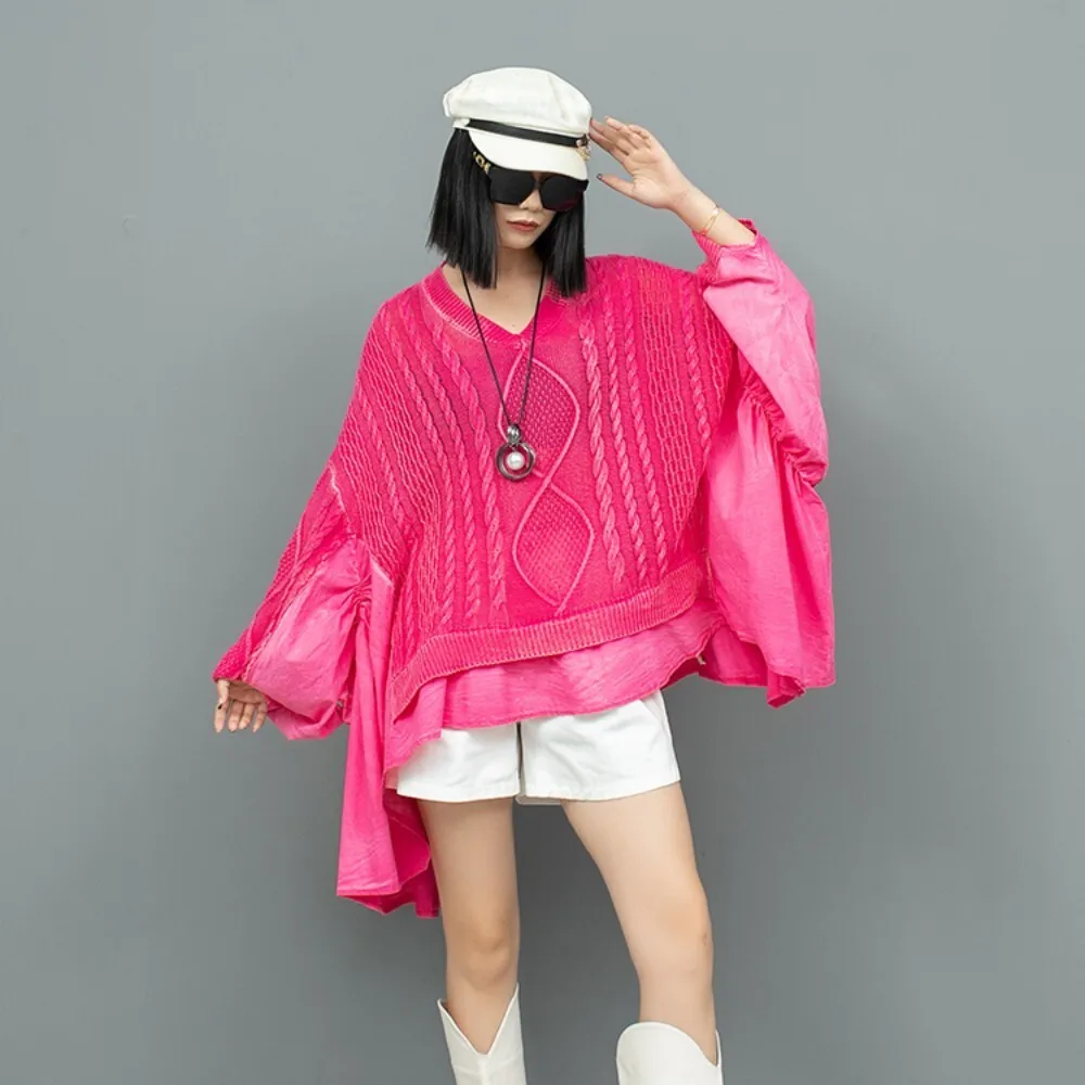 Женский вязаный свитер с V-образным вырезом и рукавом летучая мышь