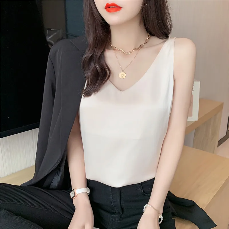 

Women's Tank Tops Solid Crop Vest Sleeveless Camisole Female Off Shoulder Backless Clothing White Summer Women V-neck Basic Tops