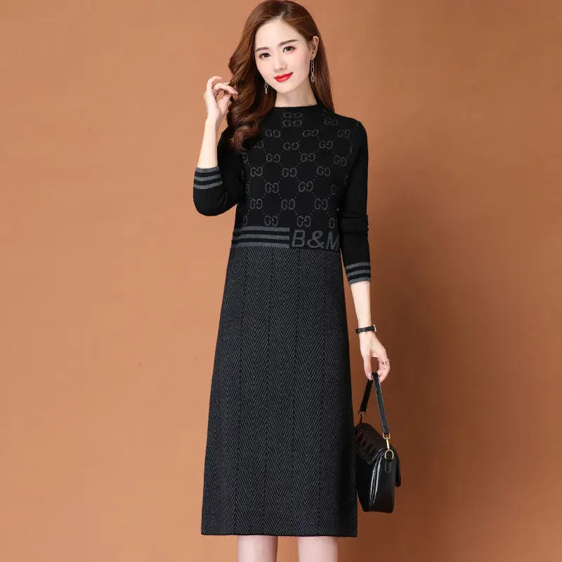 

Autumn Winter Oversize Knitting Sweater Dress 2022 New Turtleneck Pullover Patchwork Pattern Print Female Knee-Length Dresses