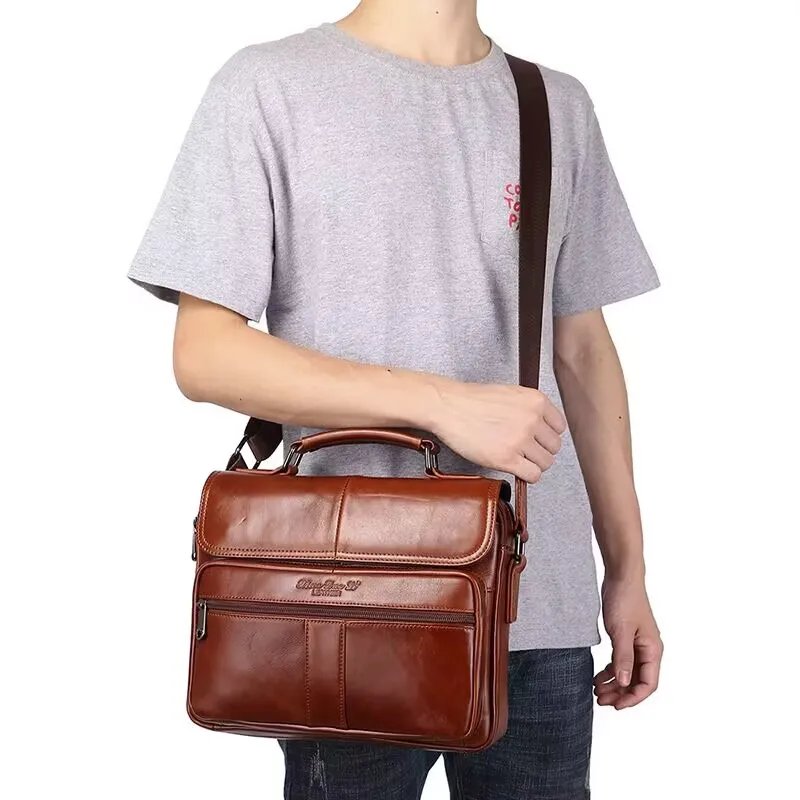 Men's Genuine Leather Handbags Male Large Business Side Shoulder Bag for Tablet Men' Real Leather Crossbody Bag Tote Boy