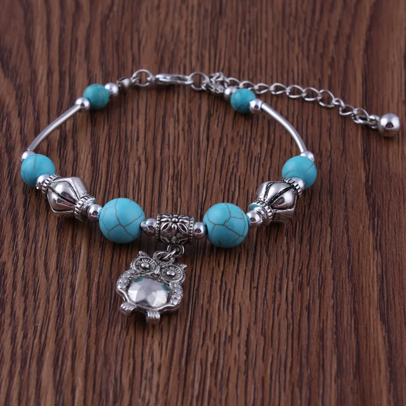 

Vintage Owl Bird Bangle Bracelet Men Women Unisex Wristband Boho Ethnic Natural Stone Turquoise Ornament Jewelry Couple Gift