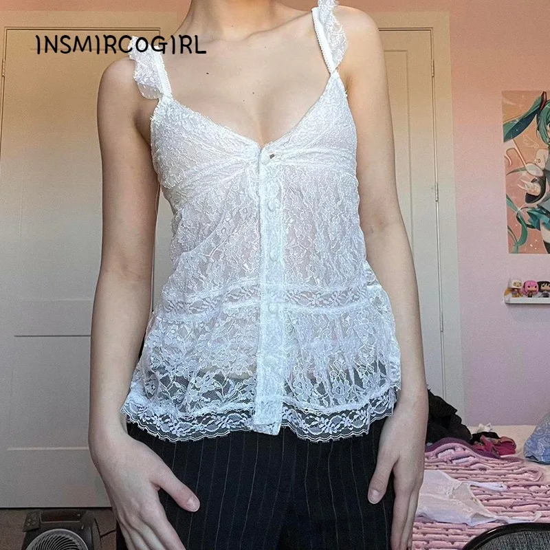 

INSMIRCOGIRL V-Neck Button-up Lace Cardigan Crop Top Women Ruffles Straps Kawaii Y2K Aesthetic Japanese Camisoles Soft Sexy Bust