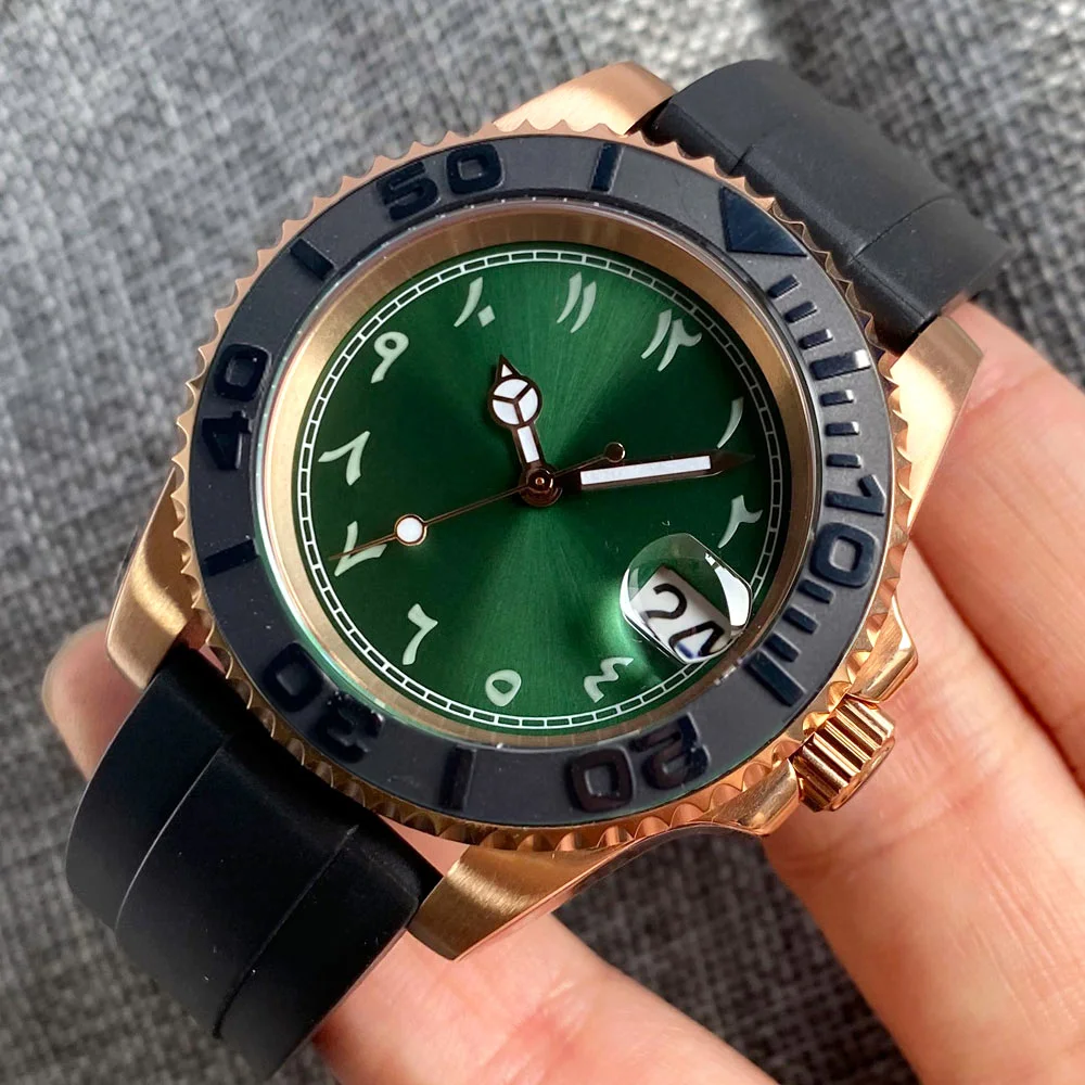 

200 м водонепроницаемые SUB розовое золото NH35A механические часы для мужчин Sunburst зеленый плоский конец силиконовый ремешок 120 кликов ободок спортивные часы