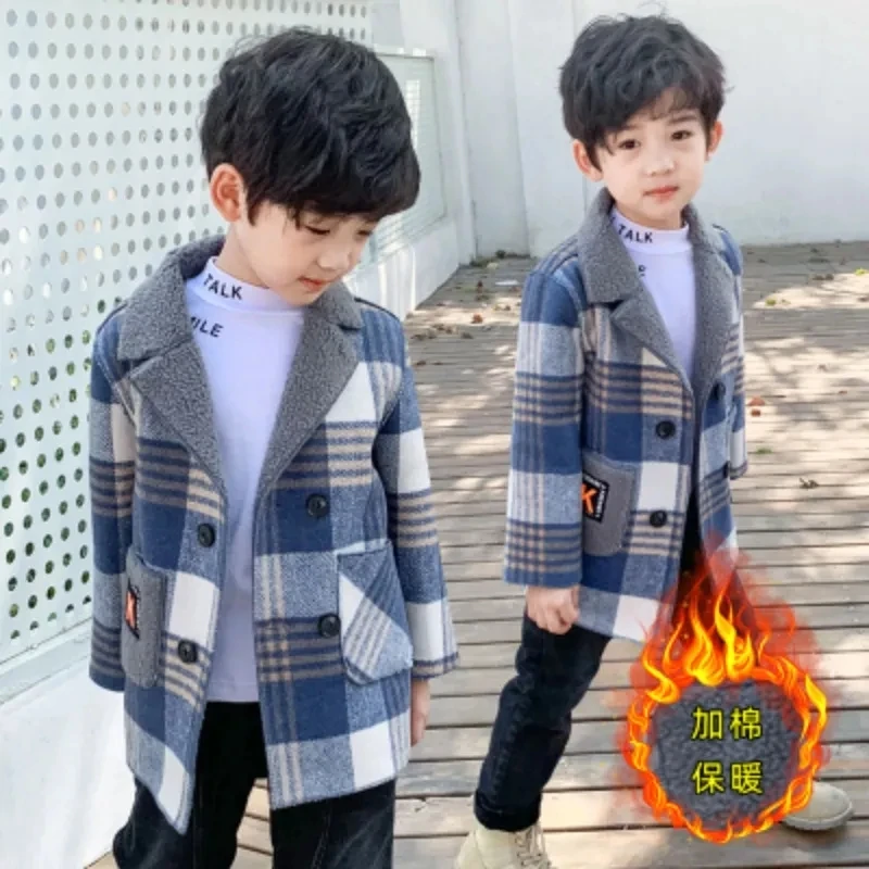 

Boys woolen Coat Plus Velvet Thickening Jacket Winter New Small Medium Long Trend Double-Breasted Button Color For Wool