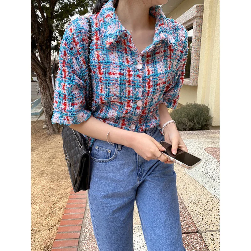 

New Elegant Tweed Jacket Coat Women Autumn Short Sleeve Single-Breasted Open Stitch Short Coat Girls Fashion High Streetwear