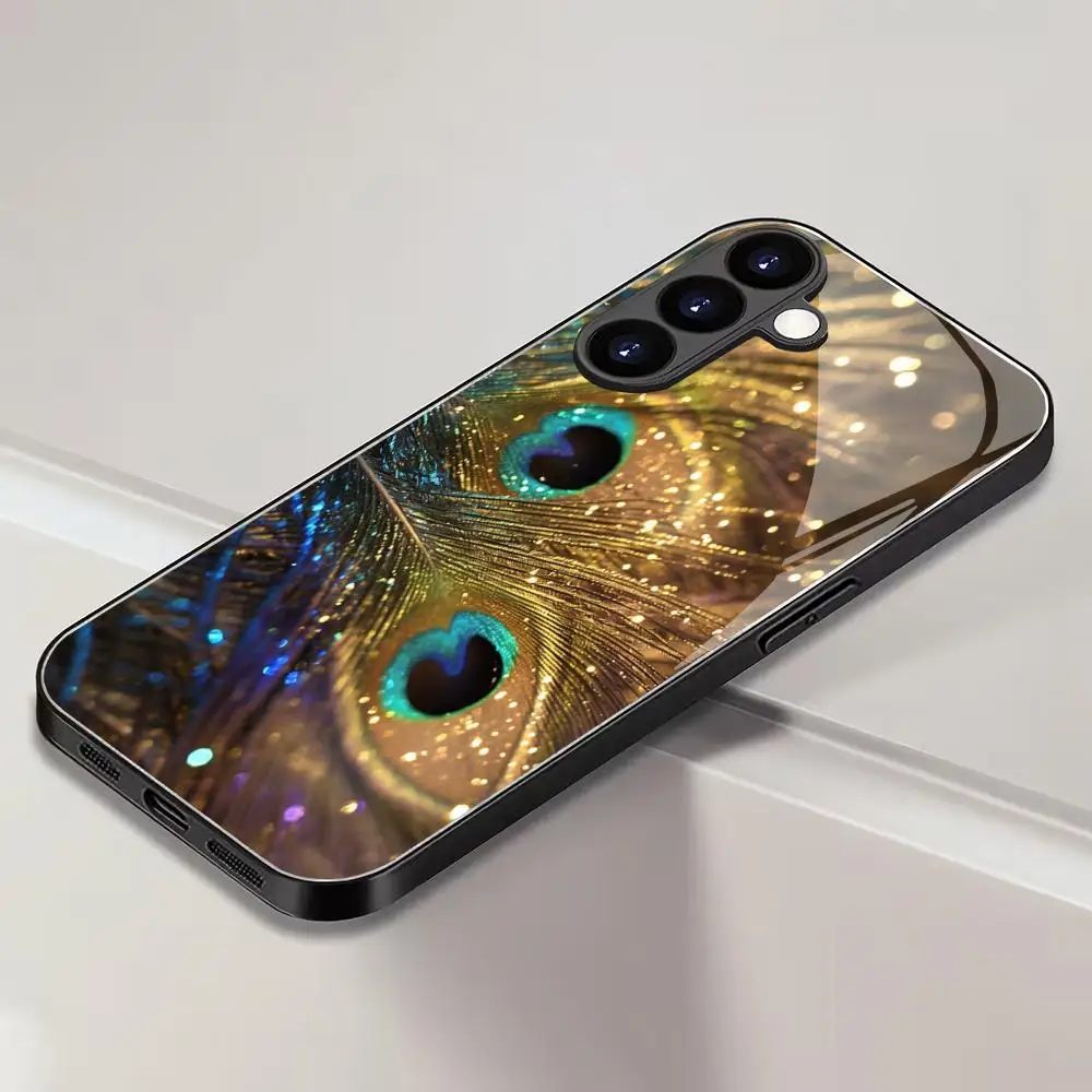 Фото Чехол для телефона из закаленного стекла с узором «Павлинье перо» для Samsung Galaxy S26 S25 S24 S23 S22 S20 FE/Ultra/Plus, противоударная задняя крышка №5