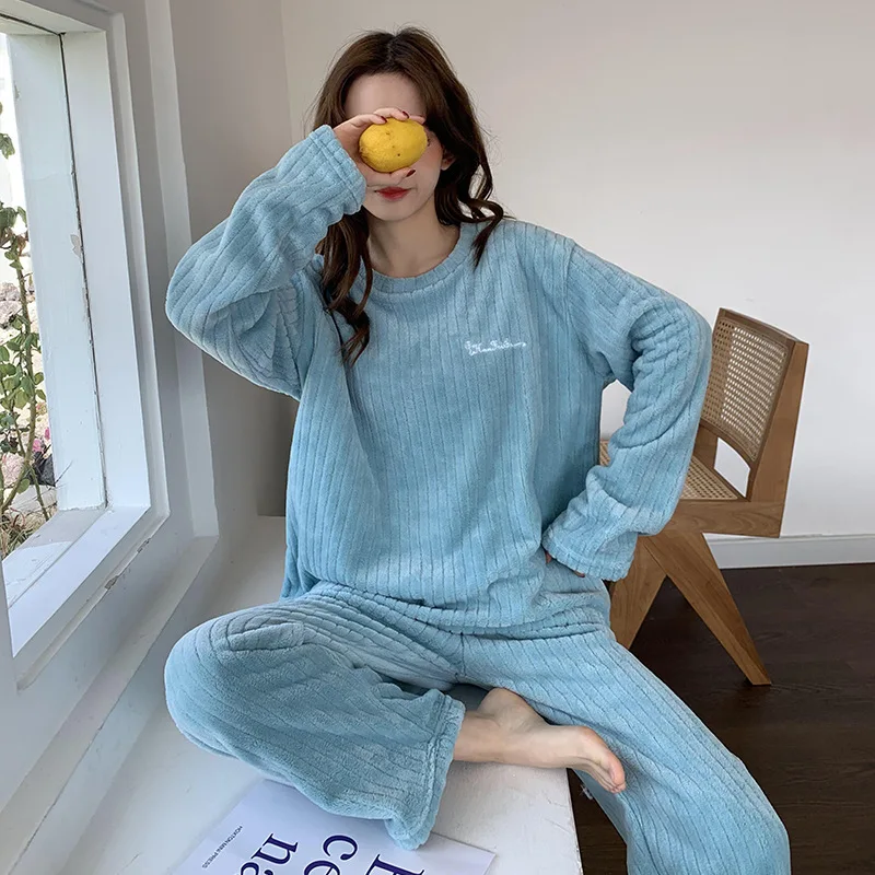 Фото New Women Pyjamas Sets Warm Pajama Flannel Thick Homewear Long Sleeve Cartoon Sleepwear Female Pant Sets Suit Wearable 2 Piece №5