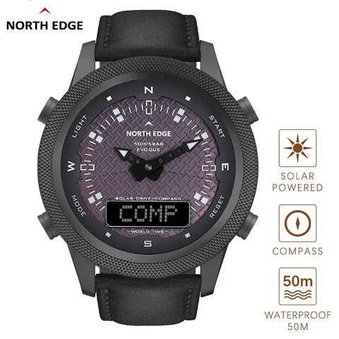 Смарт-часы North Edge на солнечной батарее для мужчин и женщин, спортивные водонепроницаемые часы с компасом, в стиле милитари, с мировым временем, 50 м