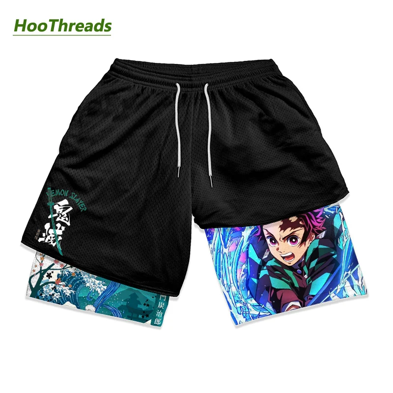 

2 in 1 Compression Shorts for Men Women Anime Demon Slayer Athletic Gym Shorts with Pockets Quick Dry Workout Running Jogging