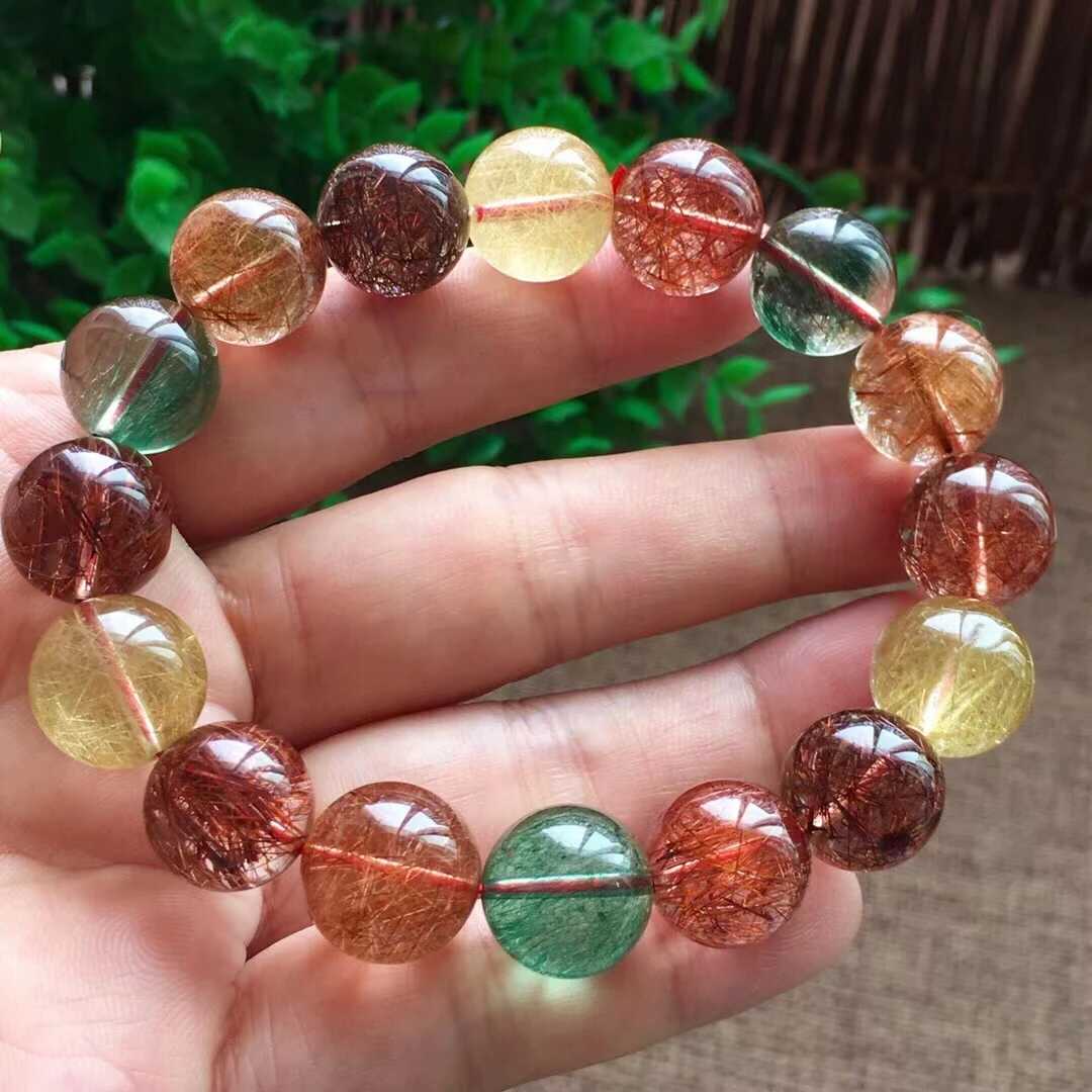 

13mm Natural Colorful Rutilated Quartz Cat Eye Bracelet Copper Gold Rutilated Crystal Round Beads Women Man Bracelet AAAAA