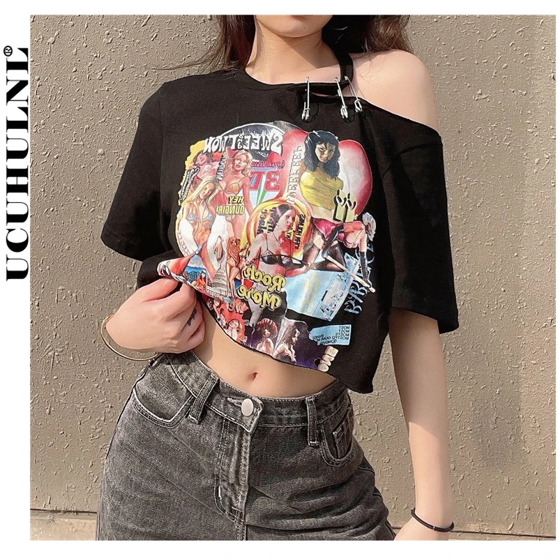 

Уличная одежда UCUHULNL, черная летняя футболка в стиле панк, женский сексуальный укороченный топ с коротким рукавом и принтом, модные гранж-топ...