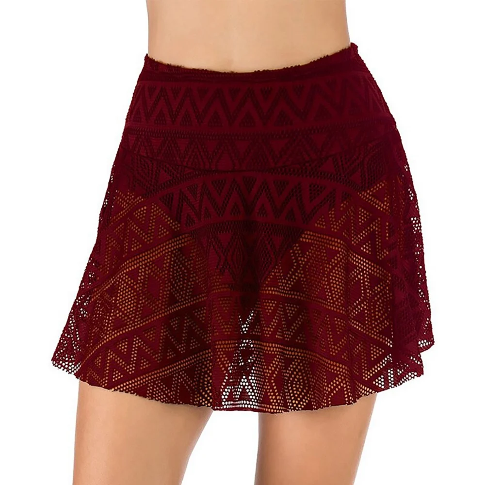 

Women Expose-Proof Fake 2 Pcs Skirt High Waist Mesh Swim Skirt With Built In Briefs Ruffle Bottom Swim Skort