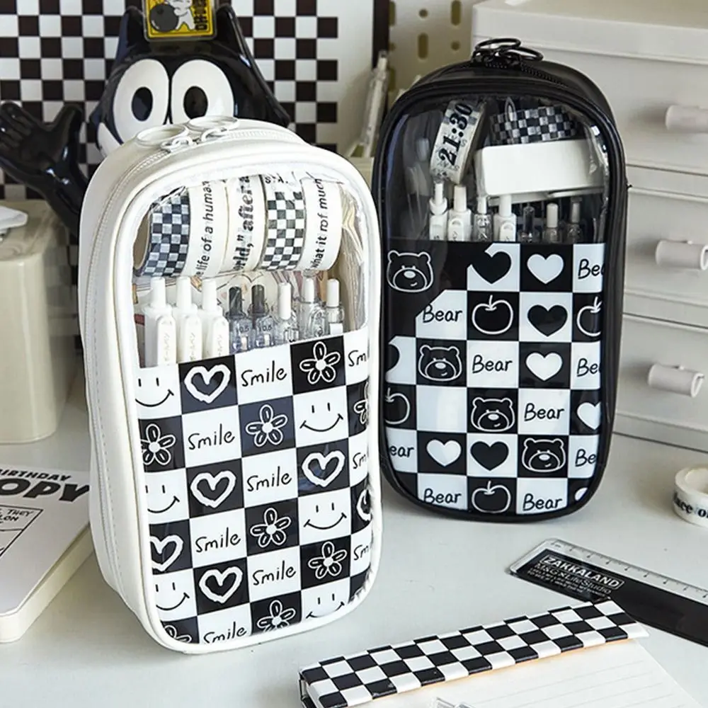 

Stationery Holder Checkerboard Pencil Bag Korean Style Desktop Storage PU Leather Stationery Bag Waterproof Zipper